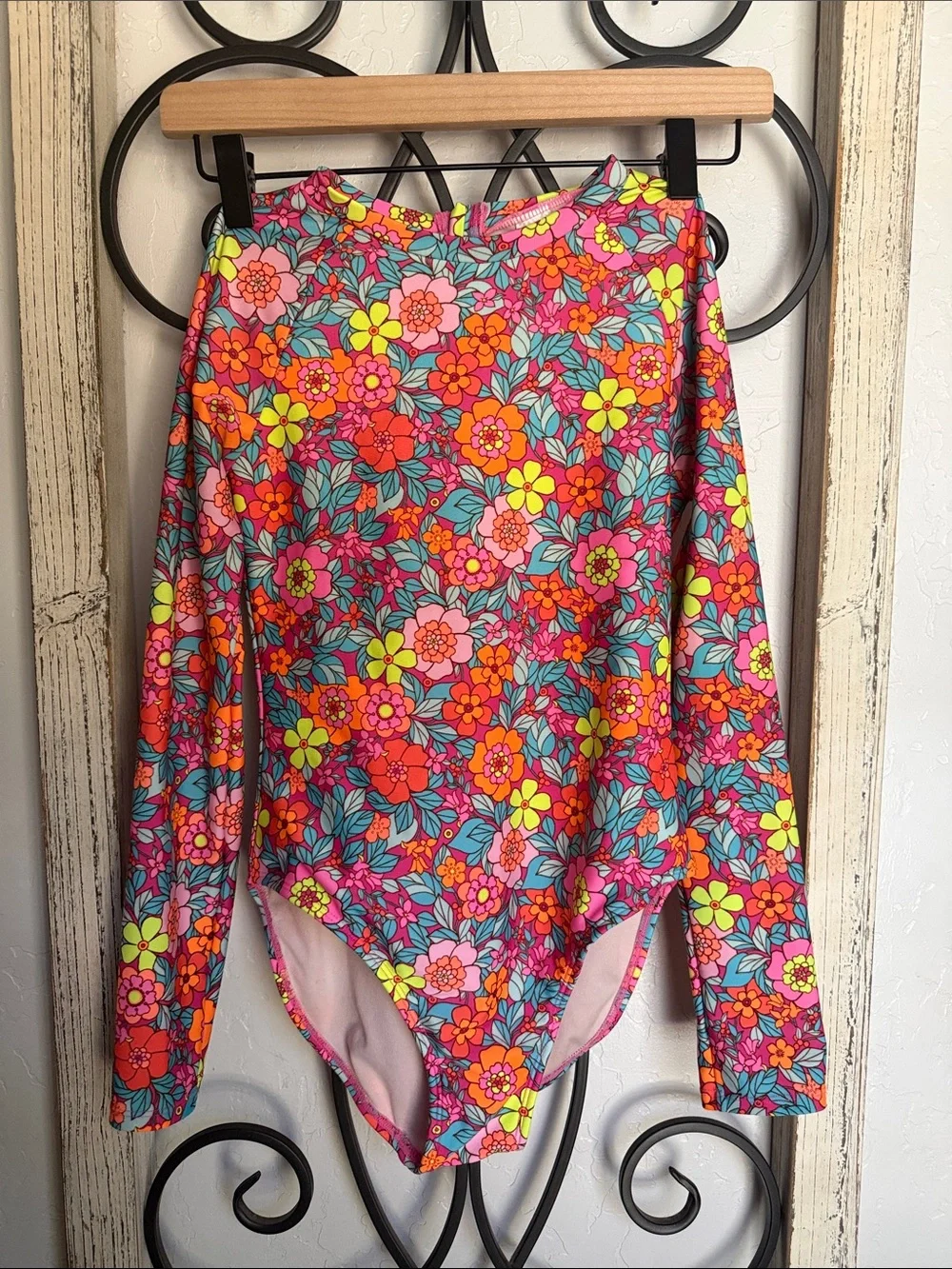 Girls Cat & Jack Long Sleeve Floral One Piece Swimsuit Pink Multi | Size L 10/12